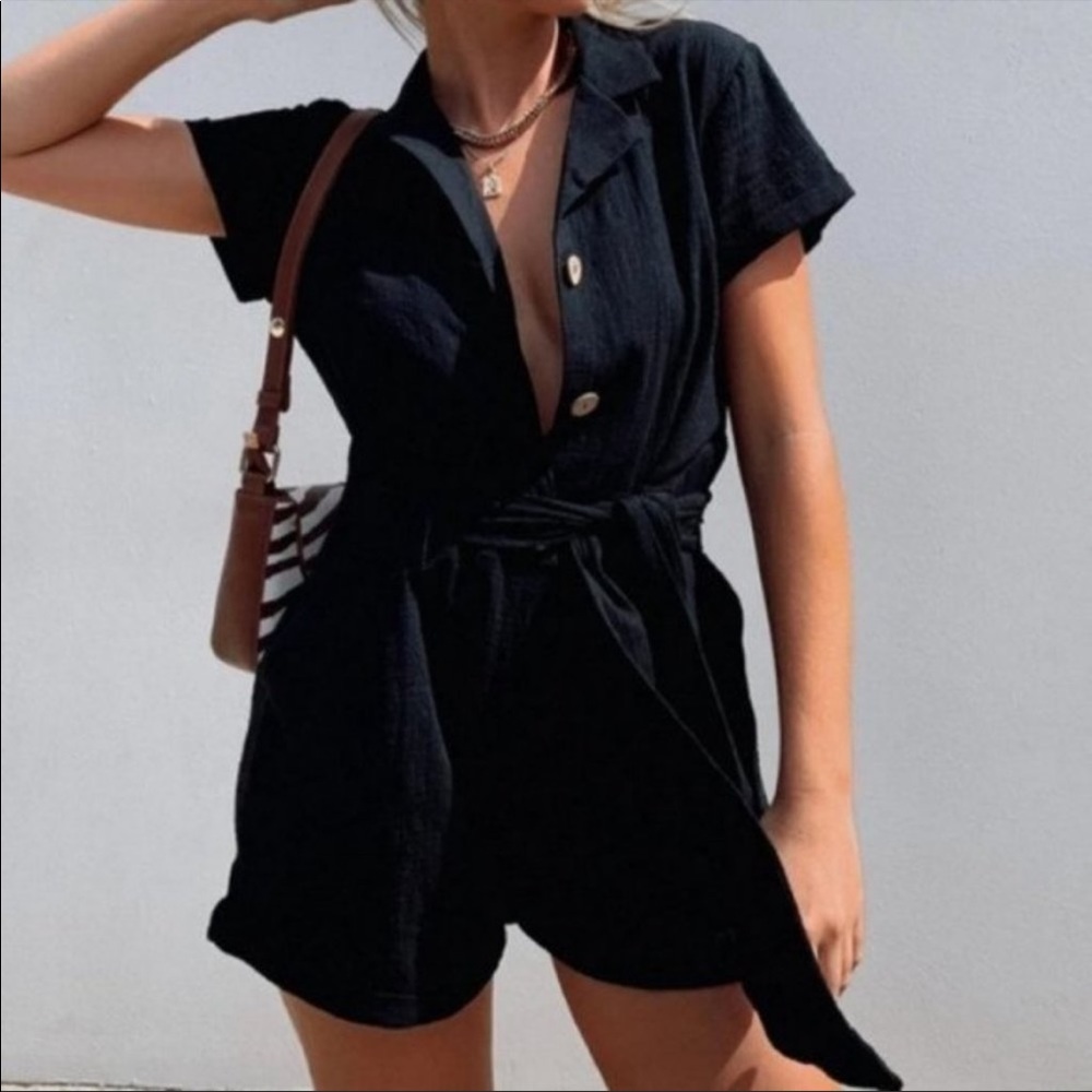 Princess Polly Black Ashens Button Front Belted Pocket Romper Playsuit Size 2